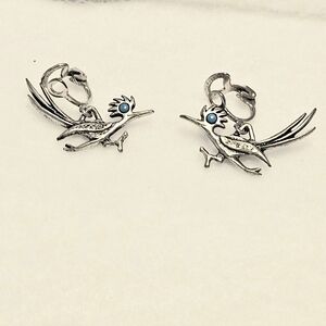 Vintage J. Ritter Signed Pewter Roadrunner Earrings with Turquoise Eye